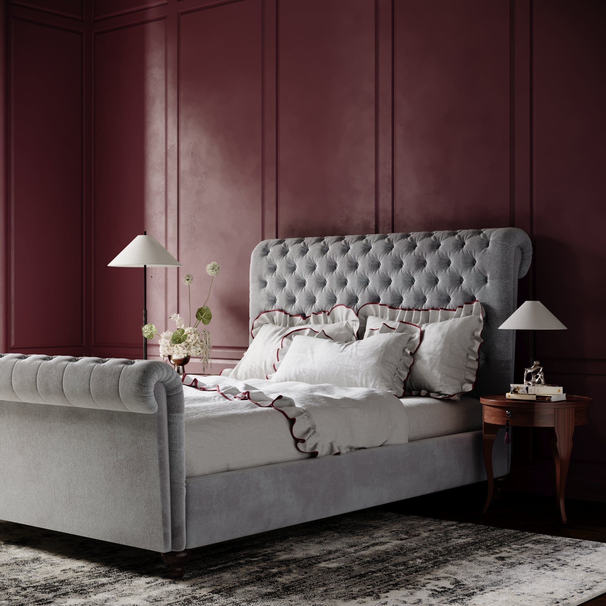Classic Scroll-Arm Tufted Bed in Velvet Grey